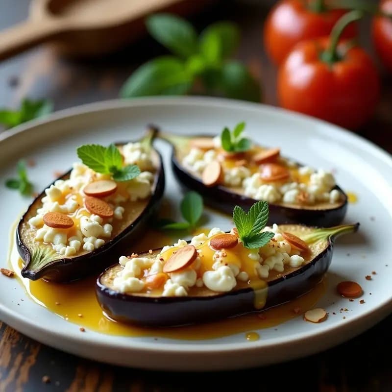 Melas Zalivi Griego: Berenjenas Asadas con Miel y Queso Feta para Postre o Entrante