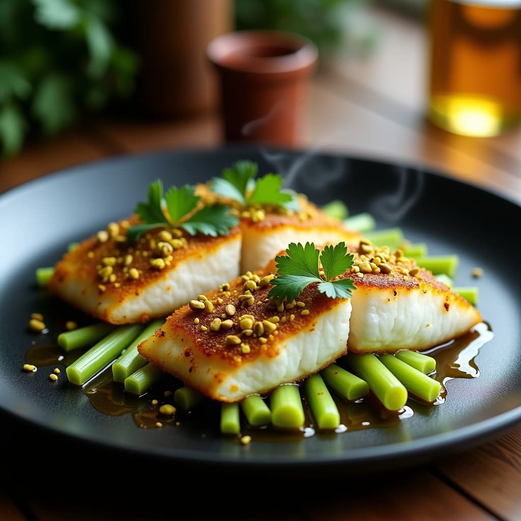 Lomonos de Merluza con Costra de Pistacho y Miel: Receta Gourmet en Olla Exprés con Toque Árabe