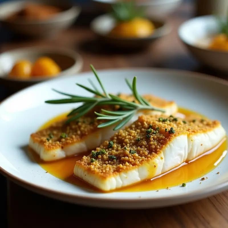 Merluza al Horno con Costra de Pistacho y Miel de Romero: Receta Española Gourmet en 20 Minutos