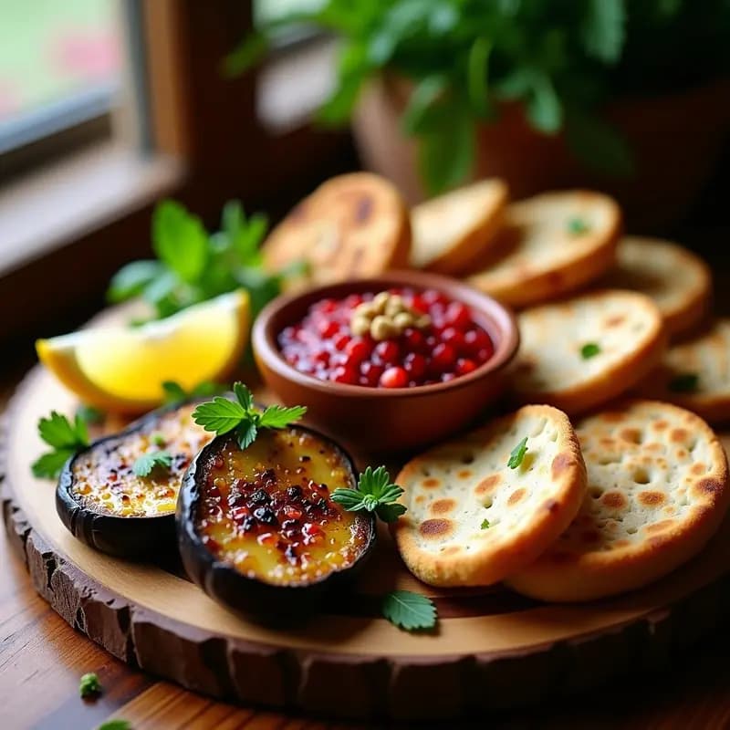 Mezze de Berenjena Asada, Muammara y Pan de Pita Integral: Tabla Árabe Sin Gluten