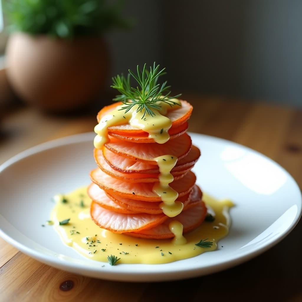 Milhojas de Batata y Salmón con Salsa de Eneldo: Receta Escandinava Sin Gluten