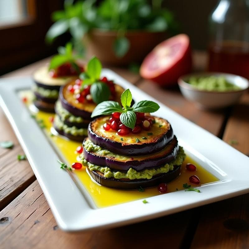 Milhojas de Berenjena y Aubergine Asada con Pesto de Albahaca: Entrante Libanés Sin Gluten