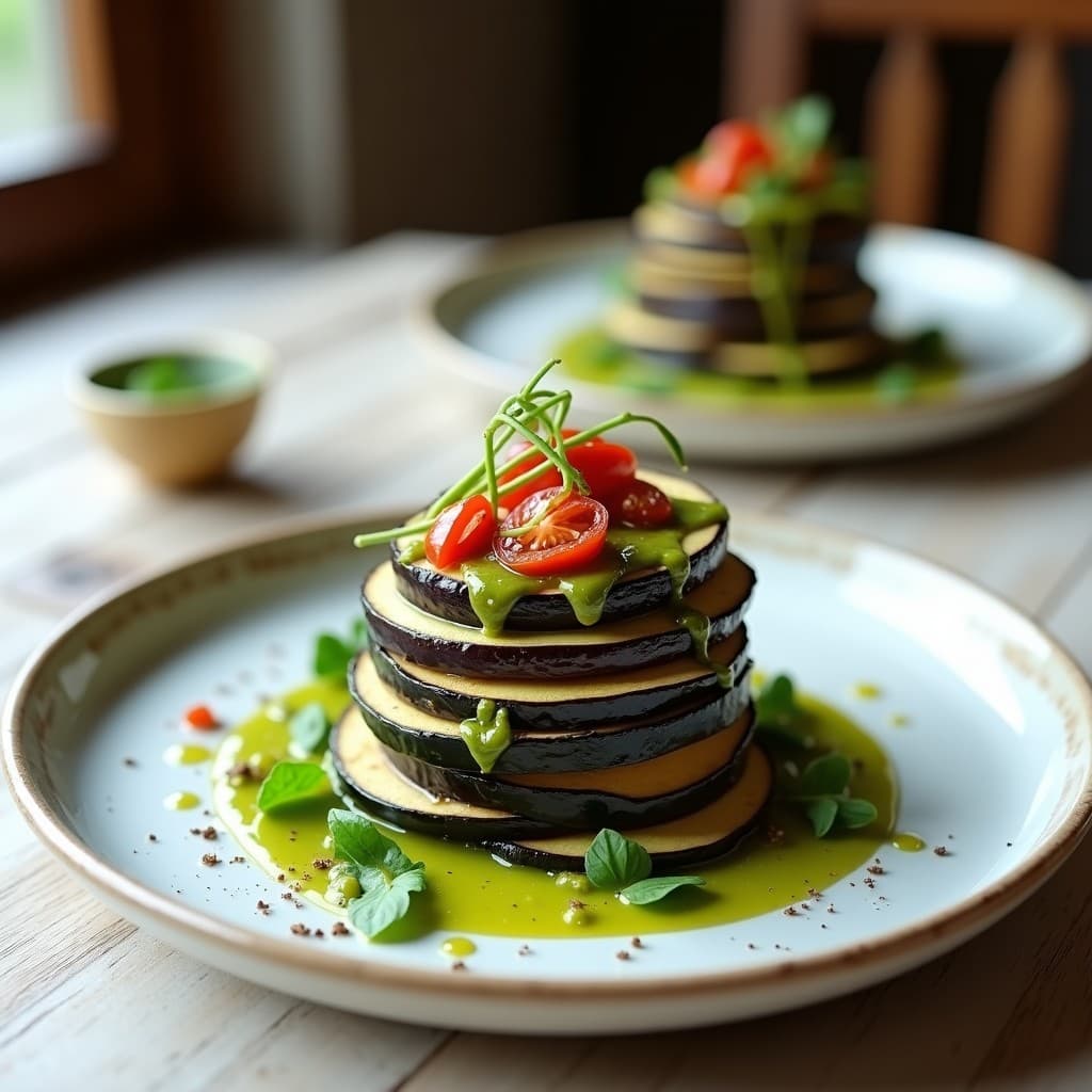 Milhojas de Berenjena, Calabacín y Aubergina: Entrante Crudivegano con Pesto de Albahaca