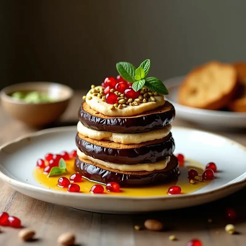 Milhojas de Berenjena con Hummus y Granada: Entrante Persa Vegano y Sin Horno