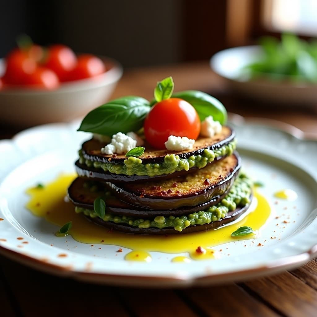 Milhojas de Berenjena y Pesto de Rúcula: Receta Italiana Sin Horno y Alta en Fibra