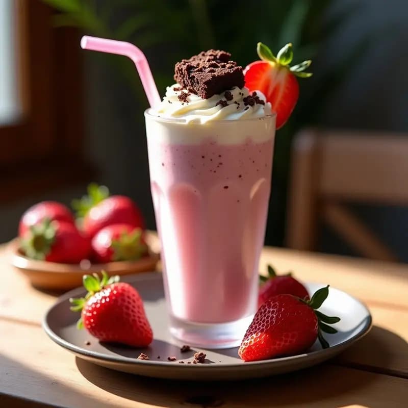Milkshake de Fresa con Brownies Troceados y Nata Montada: Batido de Ensueño para Amantes del Dulce