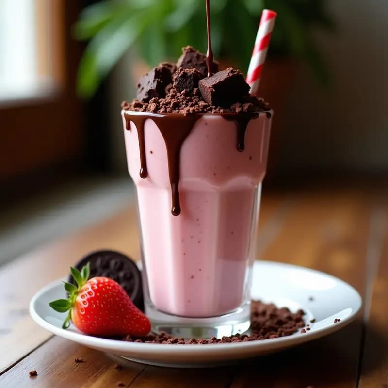 Milkshake de Fresa con Topping de Brownies Troceados y Sirope de Chocolate Caliente: El Postre que es una Comida