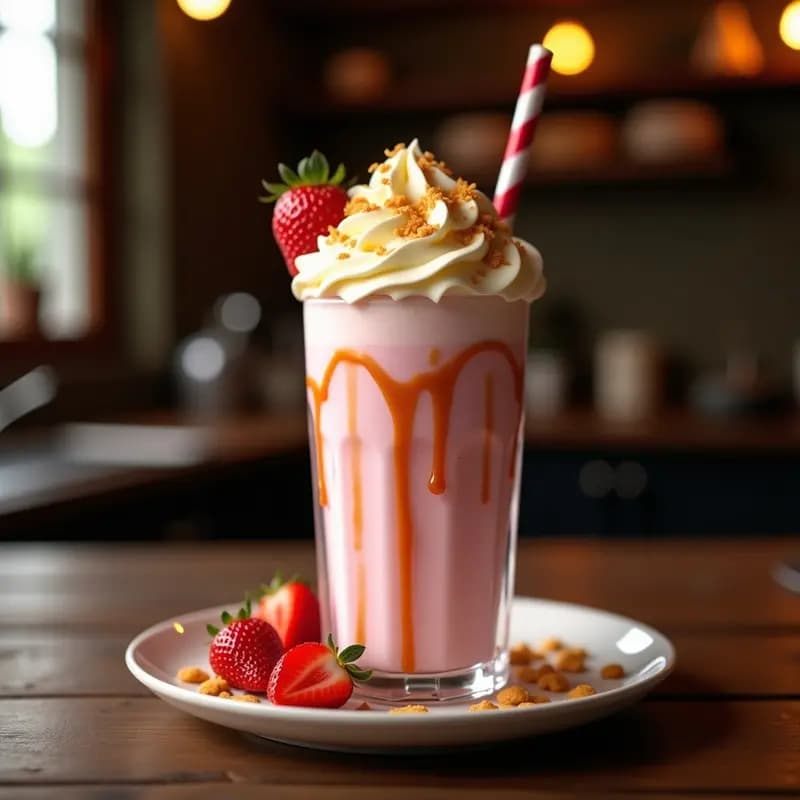 Milkshake de Fresa con Trozos de Cheesecake y Topping de Almendras Caramelizadas: Postre en Forma Líquida