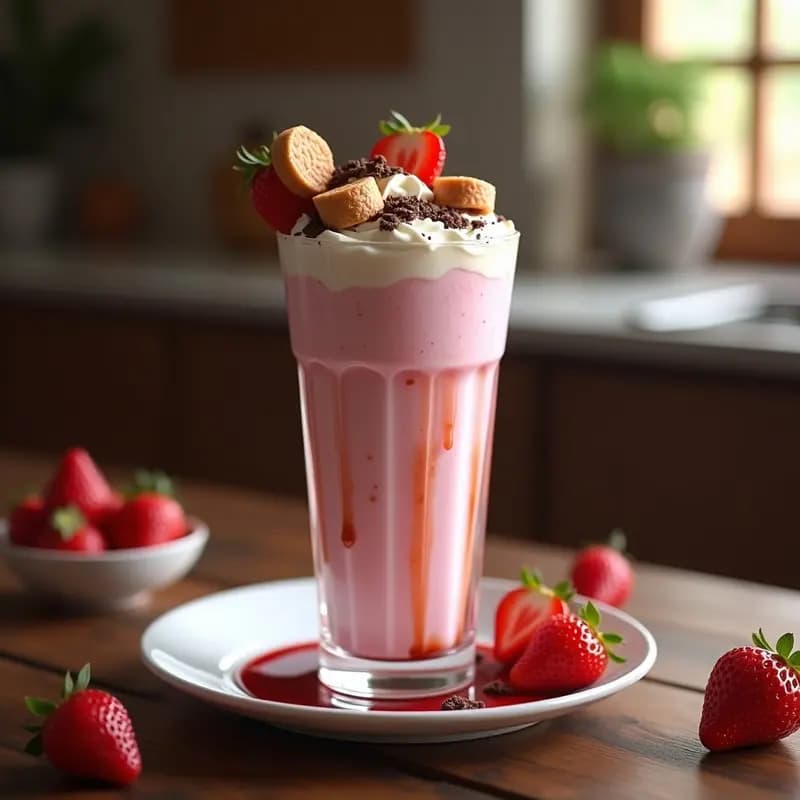 Milkshake de Fresa con Cheesecake Troceado y Barquillo de Chocolate: Batido que Parece un Postre