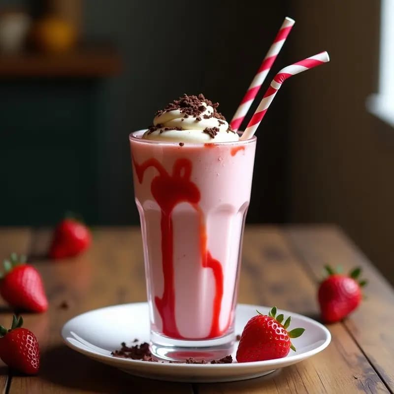 Milkshake de fresa con Cheesecake Troceado y Virutas de Chocolate: Bebida de los Dioses