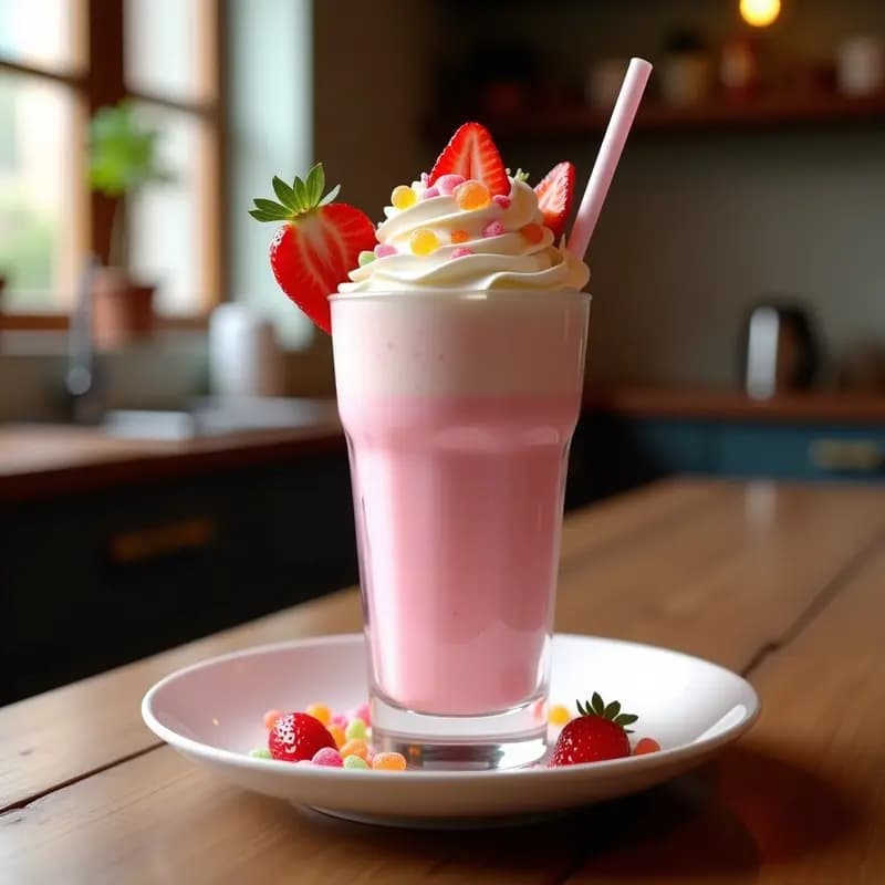 Milkshake de Fresa con Helado de Vainilla, Nata y Toppings de Gominolas: Bebida Ultradulce Para Niños