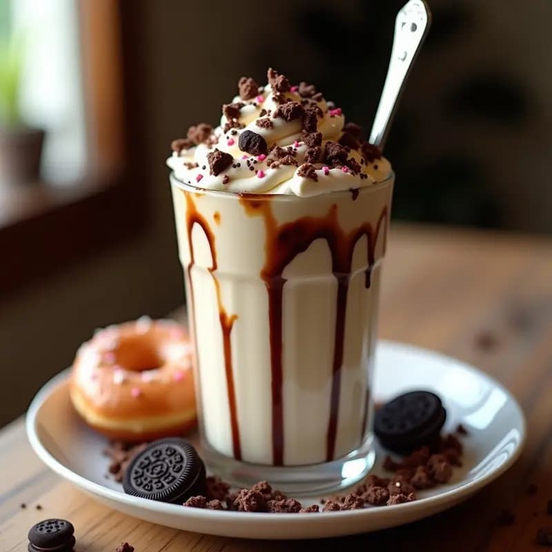 Milkshake de Vainilla con Donut Glaseado y Toppings de Chocolate: Bebida de Postre Ultraindulgente