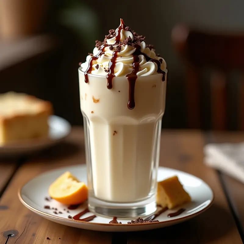 Milkshake de Vainilla con Trozos de Bizcocho de Tres Leches y Sirope de Chocolate: Batido de Ensueño