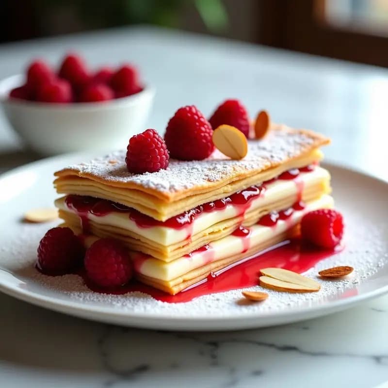Millefeuille de Frambuesas y Crema Pastelera: Postre Francés Elegante en 3 Capas