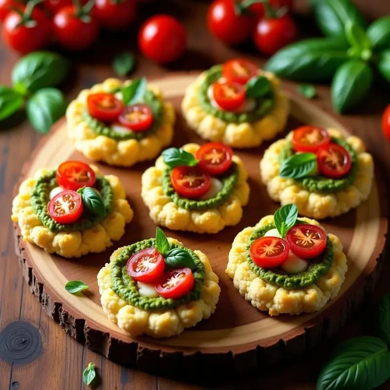 Mini Pizzas de Coliflor con Pesto de Albahaca y Tomates Cherry: Receta Keto Sin Harina