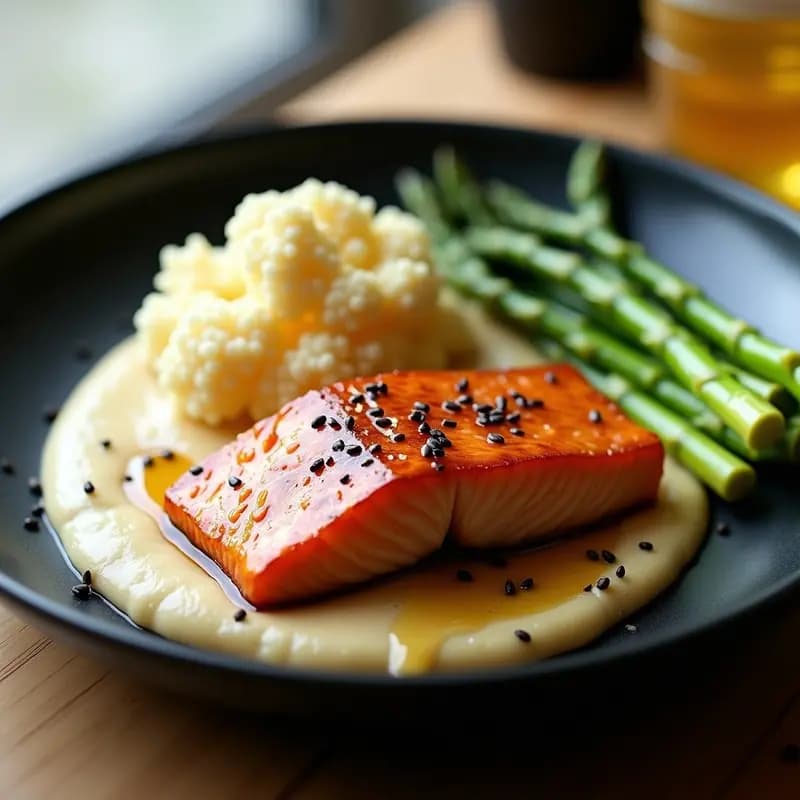 Miso Glaze Salmon con Puré de Coliflor y Espárragos: Receta Japonesa Keto en 20 Minutos