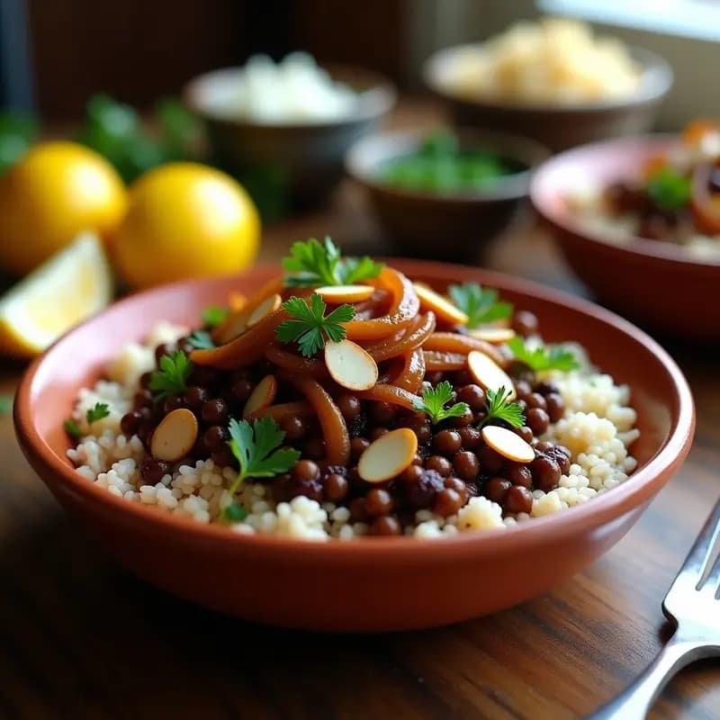 Mjaddra de Lentejas y Arroz con Cebollas Caramelizadas: Receta Libanesa Vegana y Económica