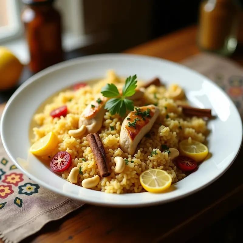 Mnazzaleh Árabe de Pollo y Anacardos: Receta de Arroz con Especias y Frutos Secos