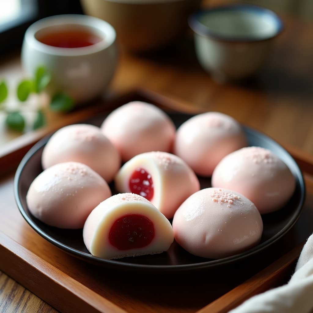 Mochi de Arroz Glutinoso Relleno de Pasta de Judías Rojas: Postre Japonés Tradicional Sin Horno