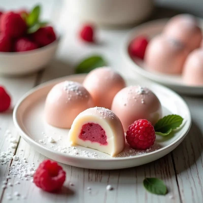 Mochi Japonés Relleno de Paste de Frambuesas: Postre Sin Gluten y Esponjoso