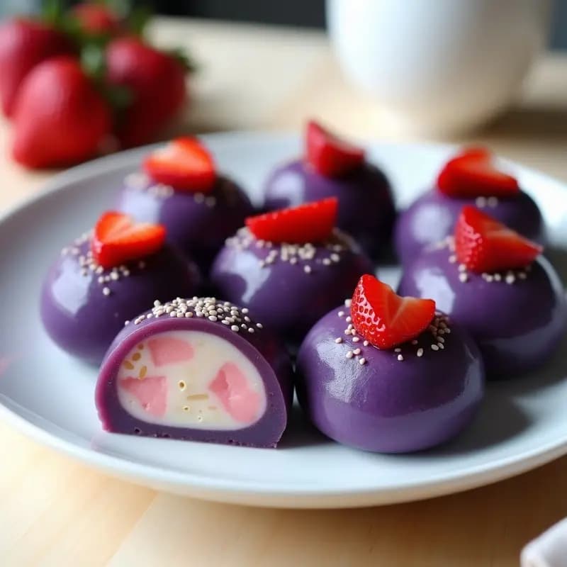Mochi de Fresa y Ube: Postre Japonés Sin Horno con Relleno Cremoso