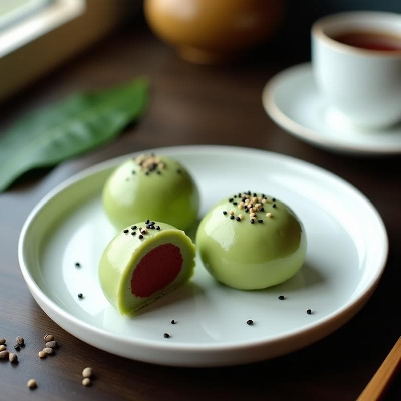 Mochi de Matcha Relleno de Pasta de Alubias Rojas: Postre Japonés Vegano y Sin Gluten