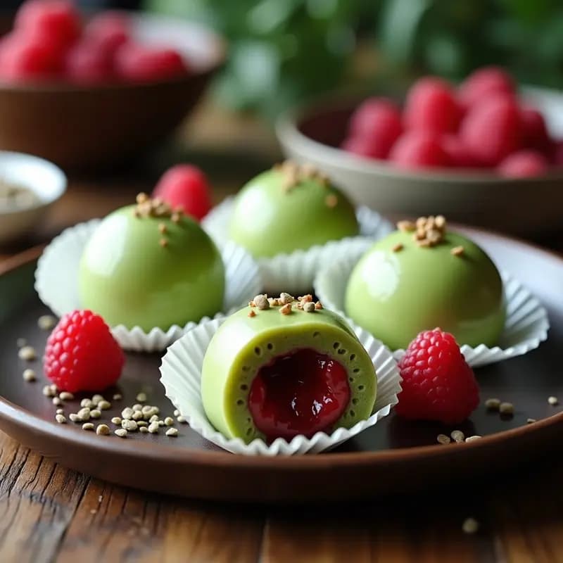 Mochi de Matcha y Frambuesas: Postre Japonés Gluten-Free con Relleno Líquido