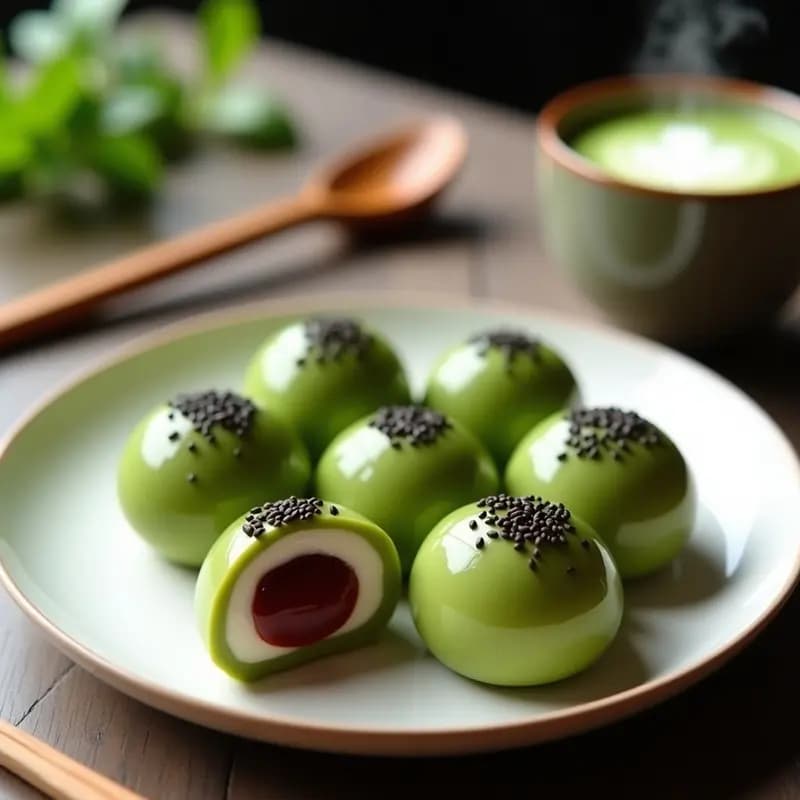 Mochi Japonés de Matcha y Sésamo Negro: Dulces Pegajosos Rellenos de Crema de Judías Rojas