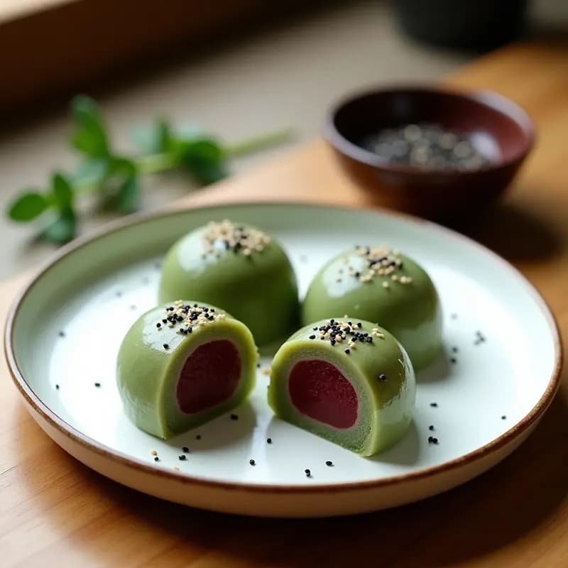 Mochi de Mugwort y Sesamo Negro: Postre Japonés Sin Azúcar con Relleno de Anko