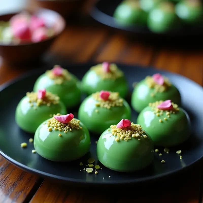 Mochi de Pistacho y Rosa con Relleno de Chocolate Negro: Postre Japonés Gourmet en 10 Minutos