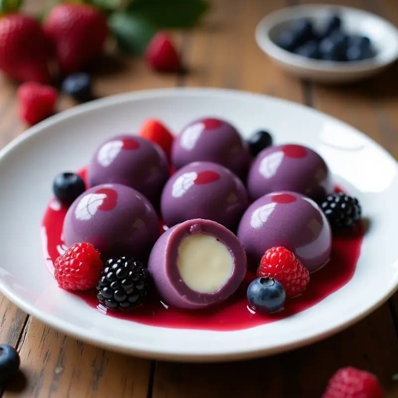 Mochi de Uva Concordia y Queso Crema con Salsa de Frutos Rojos: Postre Japonés-Americano Dulce y Cremoso