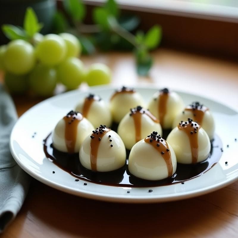 Mochi de Uva y Queso Crema con Salsa de Sésamo Negro: Postre Japonés Moderno en 20 Minutos