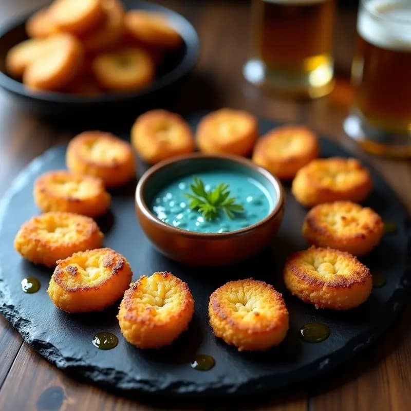 Mochicas de Quinoa y Cerveza Negra con Salsa de Queso Azul Vegano: Aperitivo Peruano Gourmet