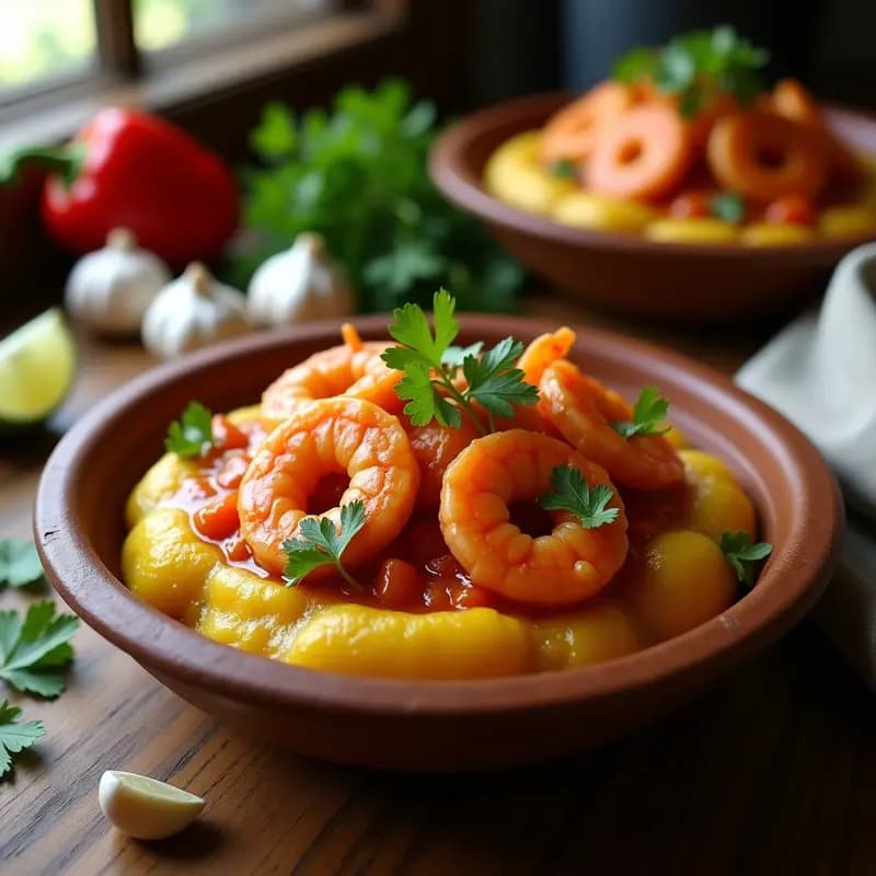 Mofongo Puertorriqueño con Camarones al Ajillo: Platos de Mash de Plátano y Marisco