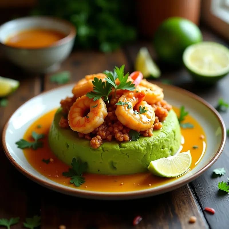 Mofongo Puertorriqueño con Camarones al Ajillo: Receta con Plátanos Verdes y Chicharrón Vegano