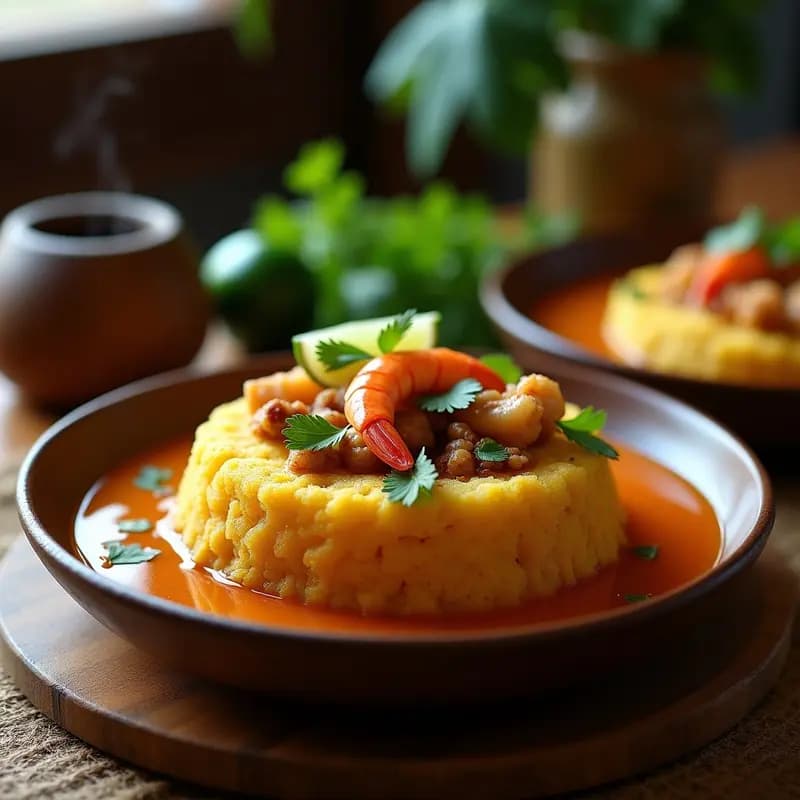 Mofongo Puertorriqueño con Chicharrón y Caldo de Camarones: Receta en Mortero Tradicional
