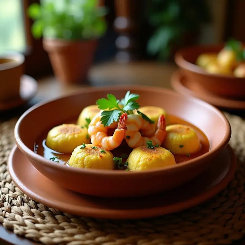 Mofongo con Gambas al Ají Criollo y Caldo de Pollo: Receta Puertorriqueña Sin Lácteos