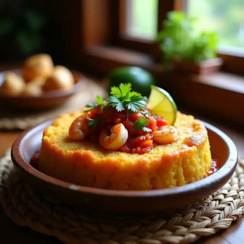 Mofongo Puertorriqueño con Gambas y Salsa Criolla: Receta Tradicional en Mortero