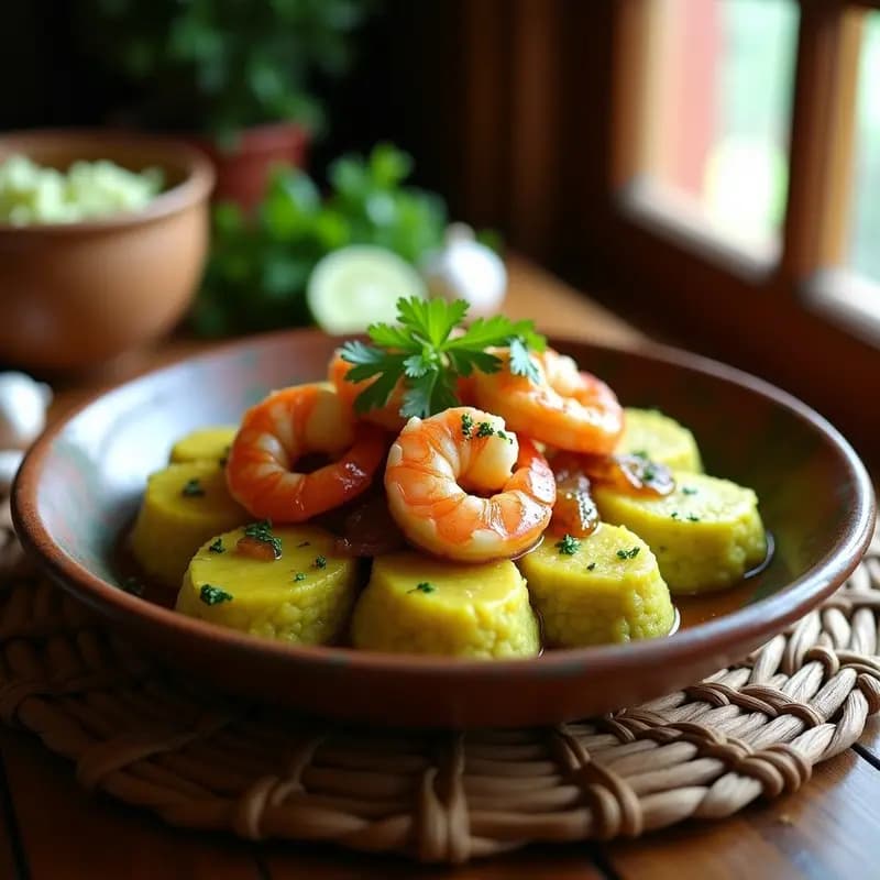 Mofongo Puertorriqueño con Plátano Verde y Garlic Shrimp: Receta en Olla Exprés