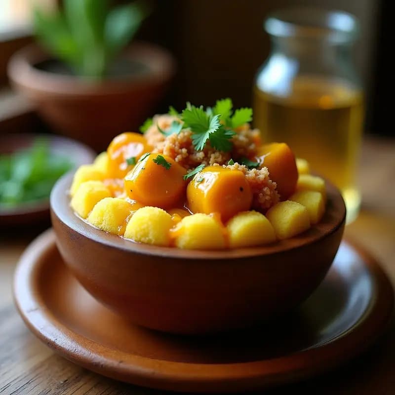 Mofongo con Pollo al Ají Amarillo: Receta Puertorriqueña en Mortero Tradicional y Crujiente