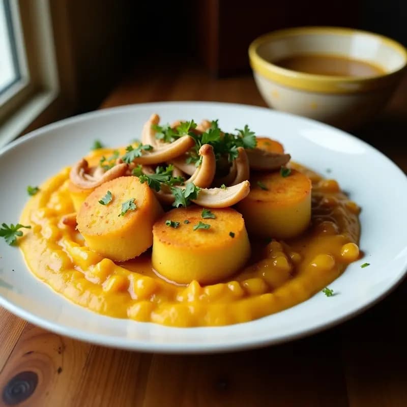 Mofongo Puerto Riqueño: Puré de Plátano Frito con Chicharrón y Caldo de Pollo