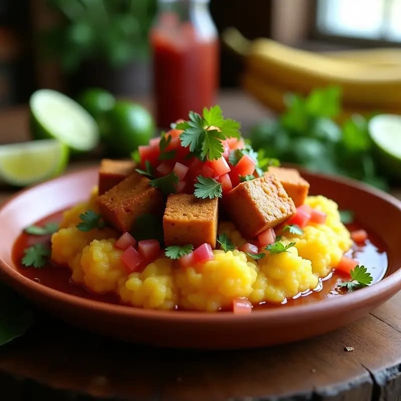 Mofongo Puertorriqueño con Chicharrón de Tofu y Salsa Criolla: Versión Vegana y Crujiente