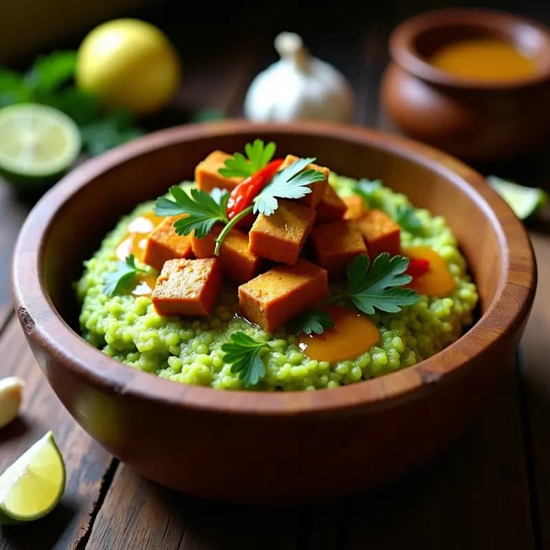 Mofongo Puertorriqueño con Tofu al Mojo de Ajo: Versión Vegana del Plato Esteño