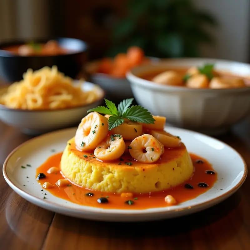 Mofongo de Yautía y Camarones: Puré Puerto Rico con Caldo de Mariscos