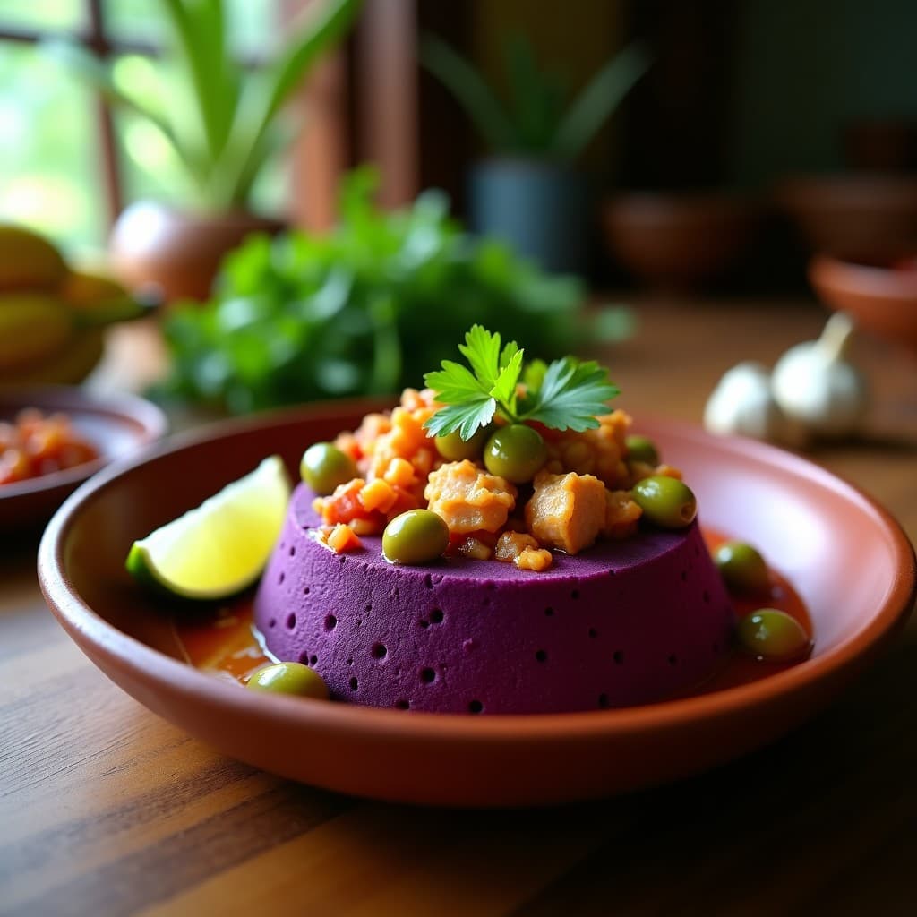 Mofongo de Yautía Morada y Bacalao Desalado: Receta Puertorriqueña en Thermomix Sin Aceite