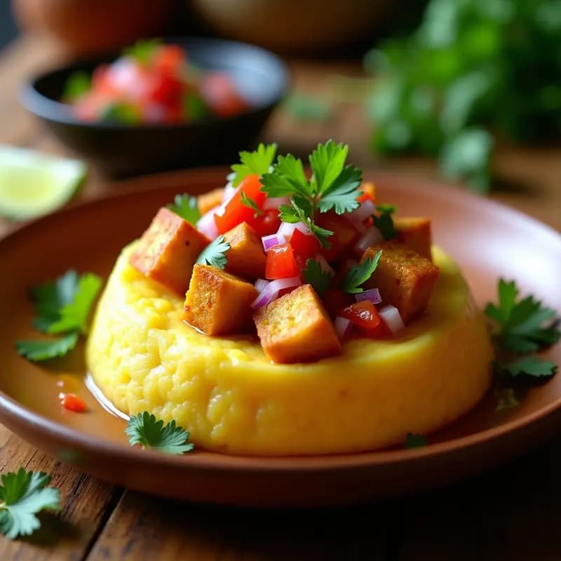 Mofongo Puertorriqueño de Yautía y Tofu: Puré de Plátano con Toque Crujiente