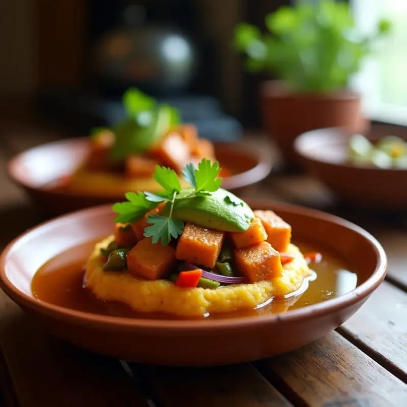 Mofongo de Yautía y Tofu Ahumado: Receta Puertorriqueña Vegana con Caldo de Verduras