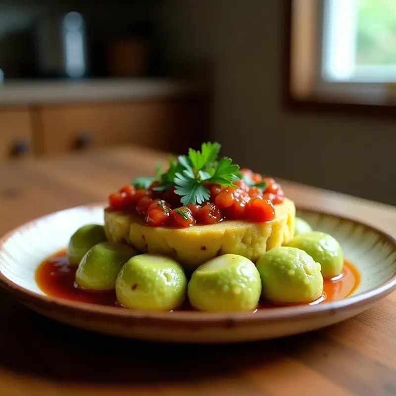 Mofongo Puertorriqueño de Yuca y Aguacate: Puré de Plátano con Chili de Tomate