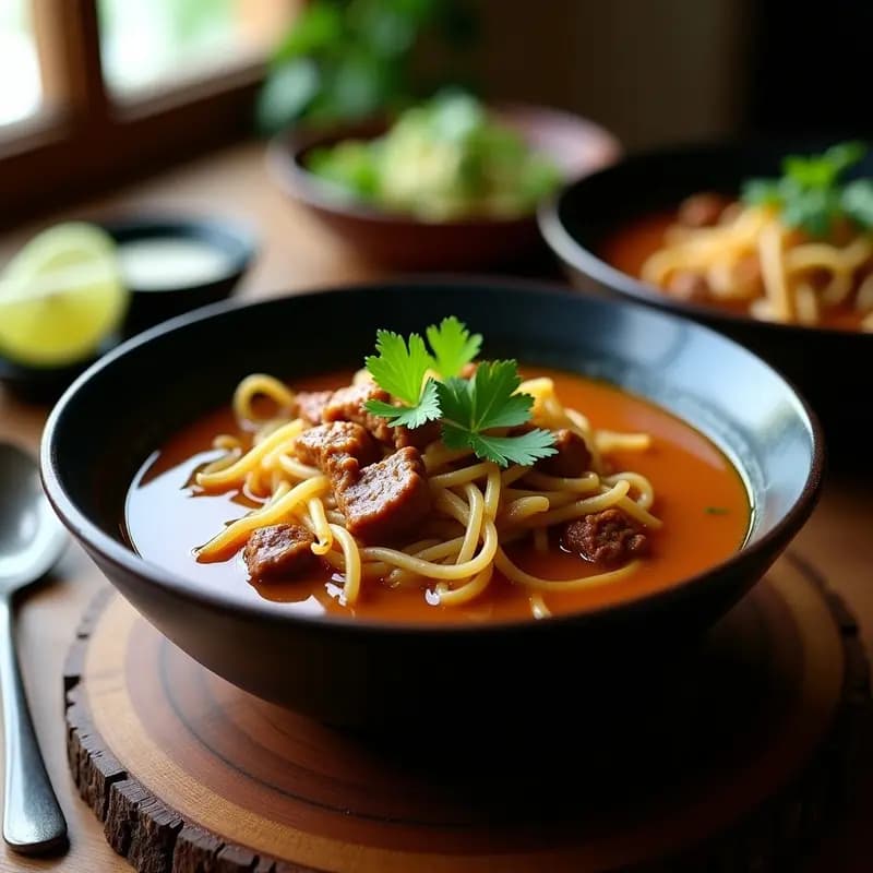 Mohinga de Birria: Sopa Birmana-Mexicana con Carne de Res y Fideos de Arroz