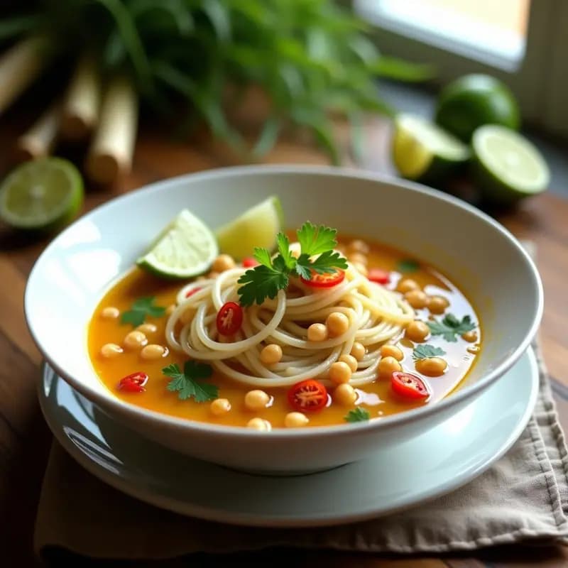 Mohinga Birmana de Fideos de Arroz y Garbanzos: Receta de Desayuno Vegano y Reconfortante con Lemongrass